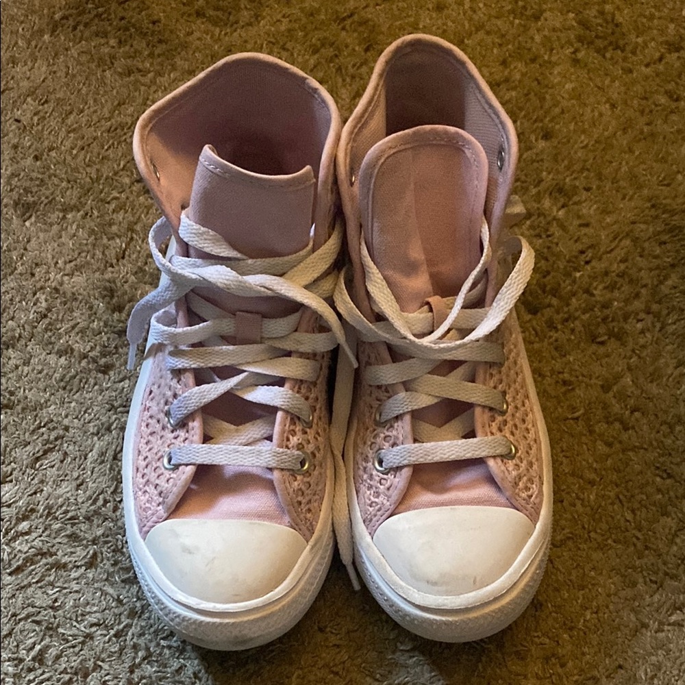 Pink and White High-Top Sneakers with Rubber Toe Caps